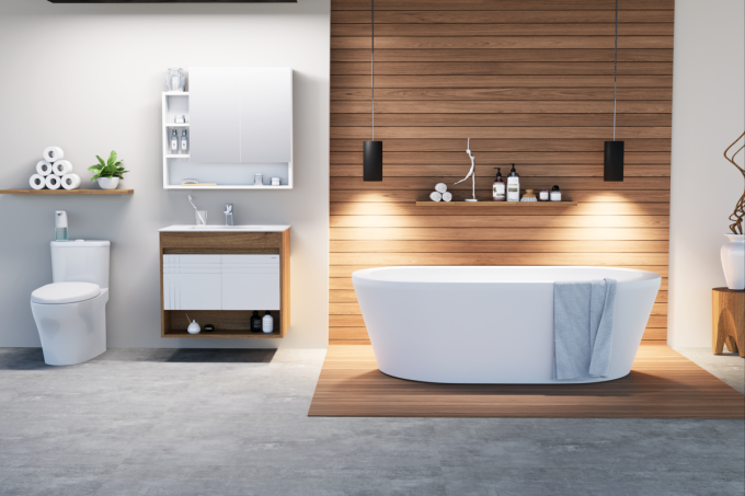 Bồn tắm và thiết bị vệ sinh tạo vẻ trang nhã cho không gian phòng tắm. Ảnh: Caesar